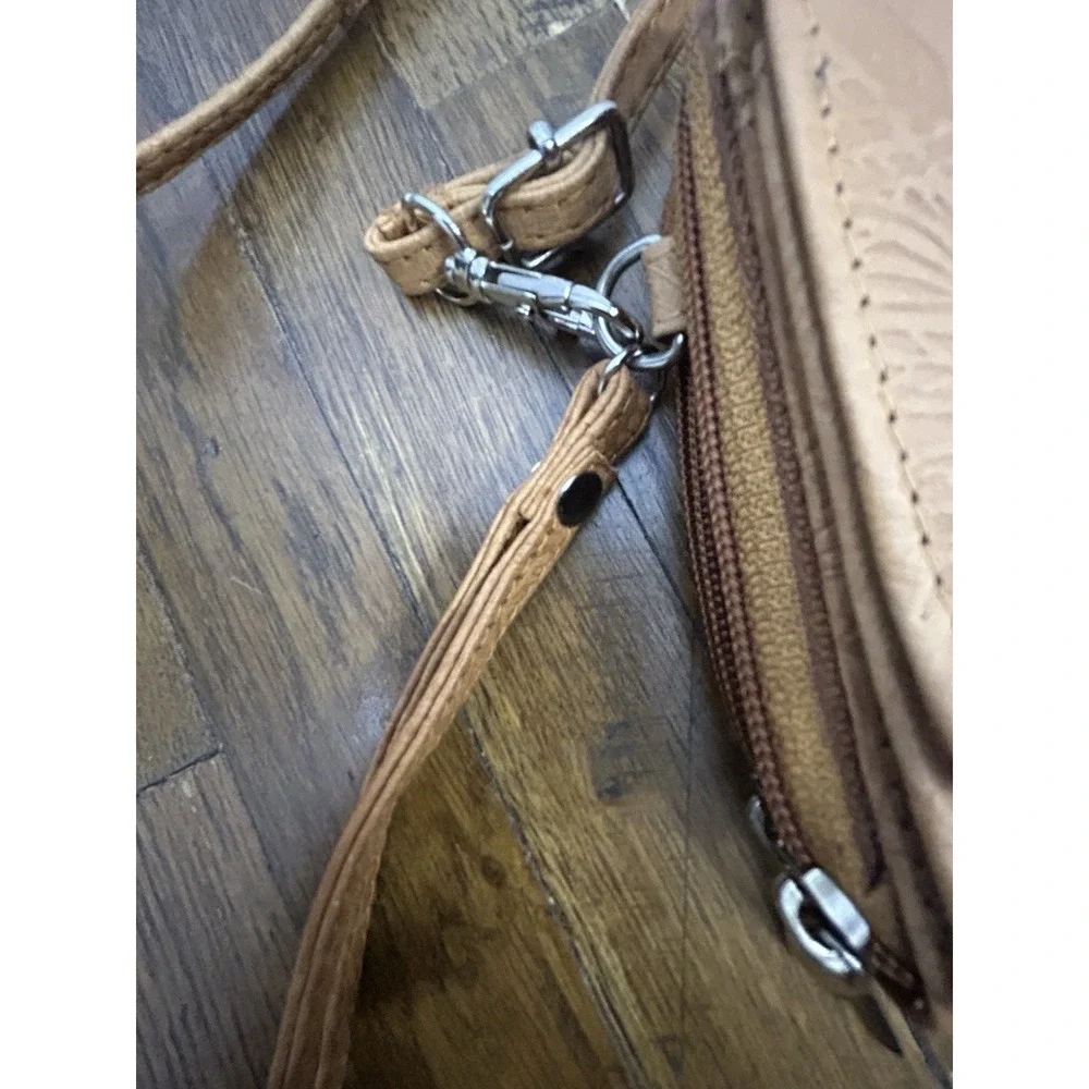 Bueno of California Embossed Floral Wallet on a String Crossbody Bag Tan